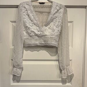 SHEIN White Lace V-Neck Blouse